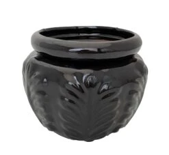 Leaf Self Watering Glazed Ceramic Pot - Black - 6.25 X 4.75"