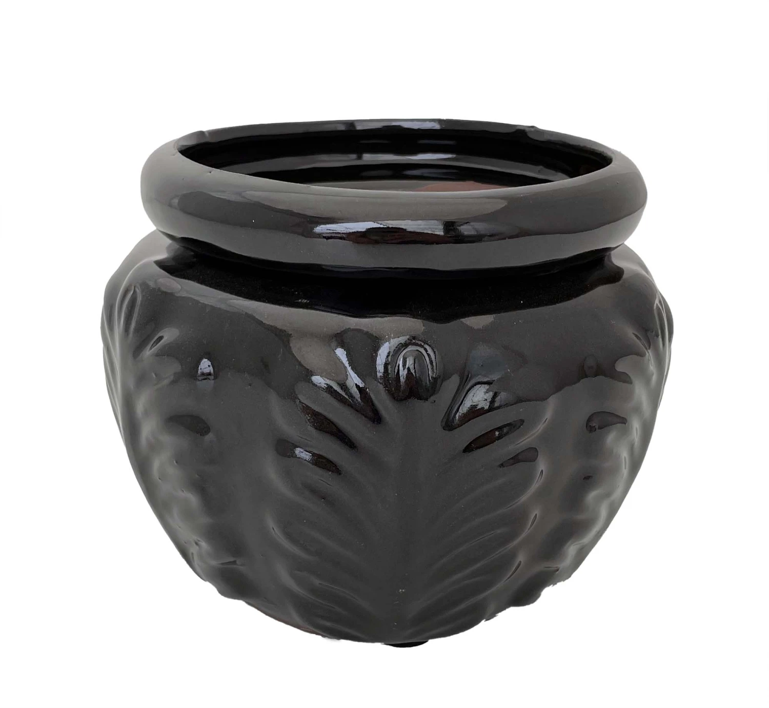 Leaf Self Watering Glazed Ceramic Pot - Black - 6.25 X 4.75"
