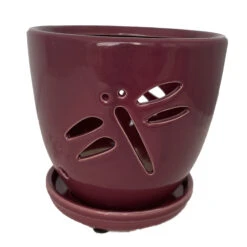 Dragonfly Plum Ceramic Orchid Pot And Saucer + Felt Feet-5 1/2" X 5 1/4"
