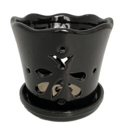 Butterfly Ceramic Orchid Pot/Saucer 5" X 5" - Black