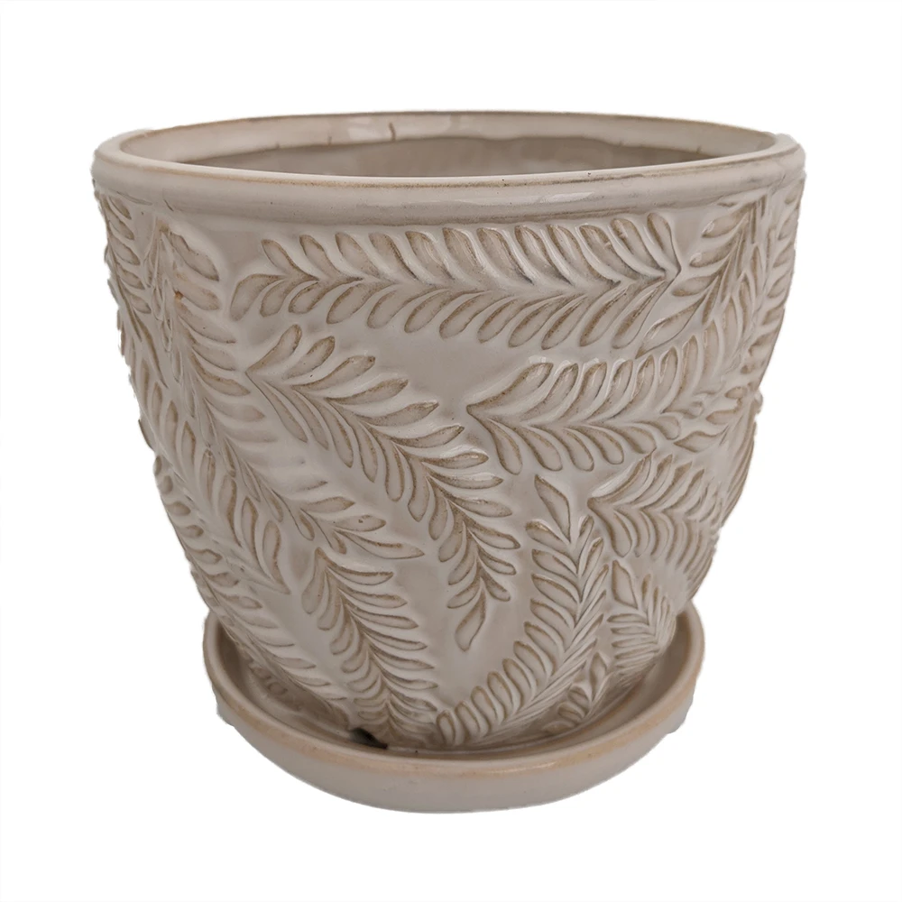 Beach Fern Ceramic Pot With Attached Saucer - Moonstone - 5" X 4.75"