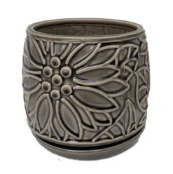 Botanical Delica Ceramic Pot With Attached Saucer - 6" X 6.25" - Grey