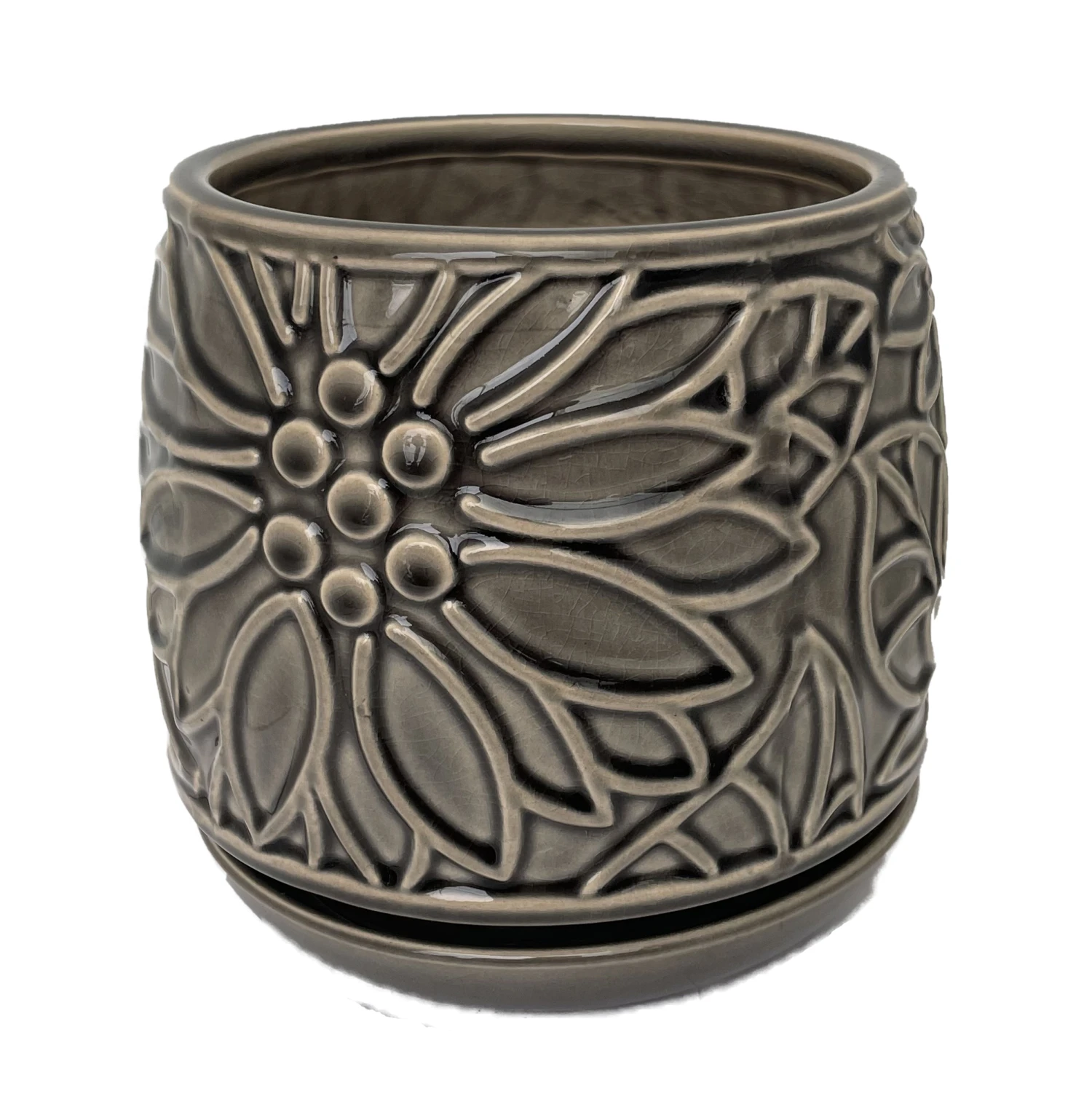 Botanical Delica Ceramic Pot With Attached Saucer - 6" X 6.25" - Grey