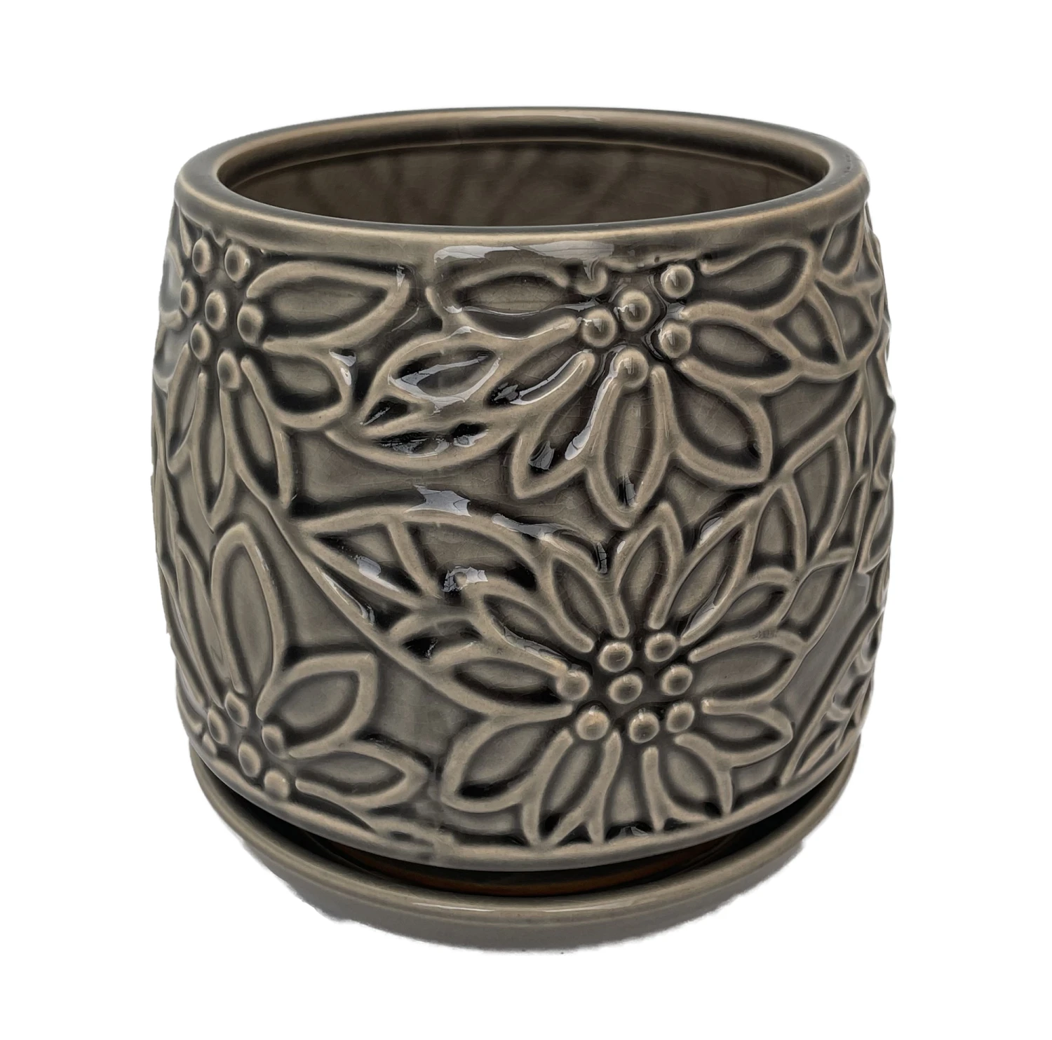 Botanical Delica Ceramic Pot With Attached Saucer - 6" X 6.25" - Grey - Image 2
