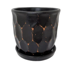 Distressed Honeycomb Ceramic Planter With Attached Saucer - Black - 5.5" X 5.5"