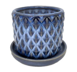 Diamond Blue Ceramic Pot With Attached Saucer - 4.5" X 4.25"