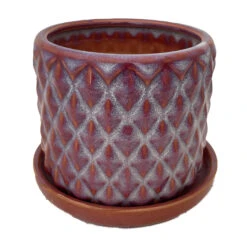Diamond Red Ceramic Pot With Attached Saucer - 4.5" X 4.25"