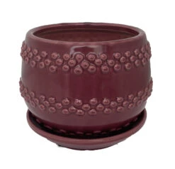 Seneca Ceramic Pot With Attached Saucer - 5" X 4.25" - Ruby